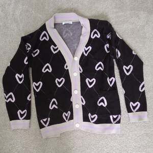 Kate Kasin Black and Pink Heart Print V-Neck Button Cardigan Sweater